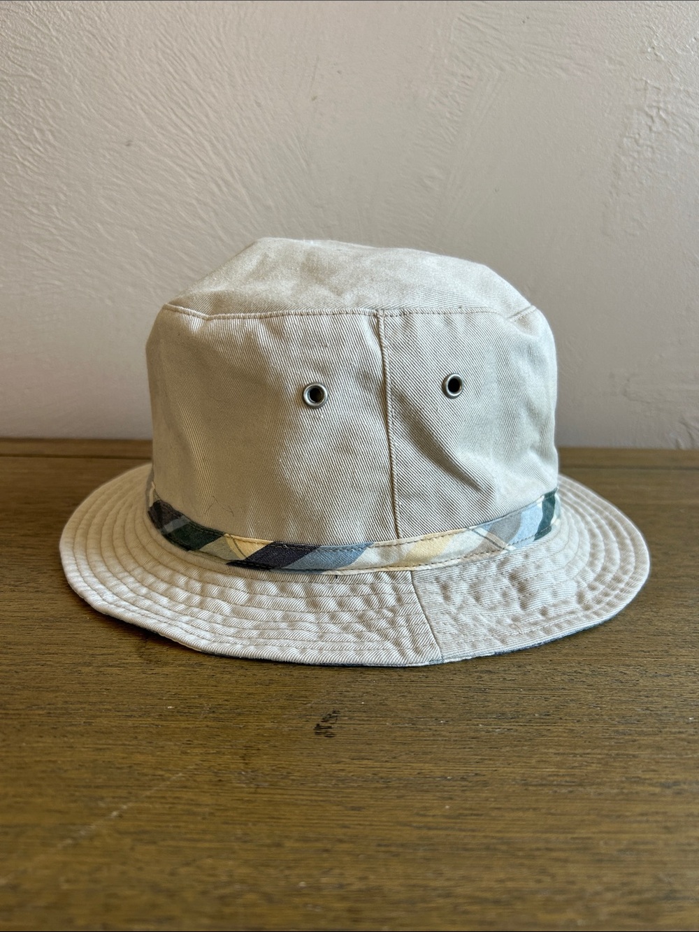 Unbranded Reversible Neutral/Madras Cotton Canvas Bucket Hat with Patterned Trim